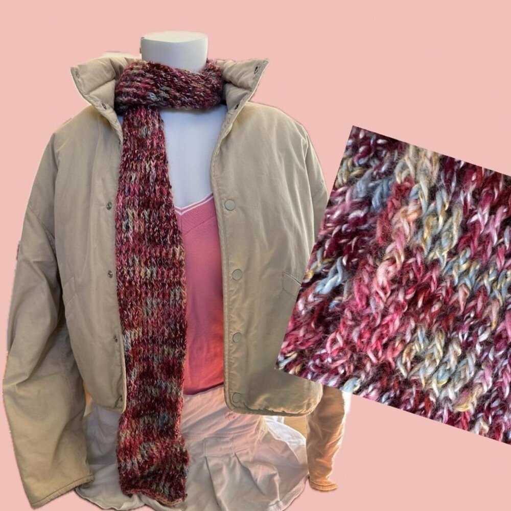Unique handmade multicolor scarf in a rich blend of reds, pinks, blues